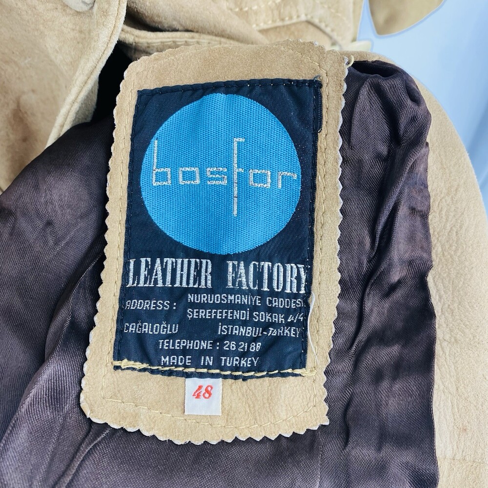 Vintage Nubuck Suede Bosfor Tan Leather Trench Coat Fall Fashion Size 48 Small - Picture 9 of 10
